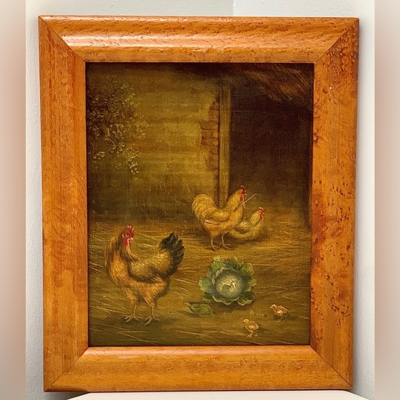 Vintage Birdseye Maple Framed Canvas Oil Painting Rooster Hen Chicks Farmhouse - Picture 11 of 16